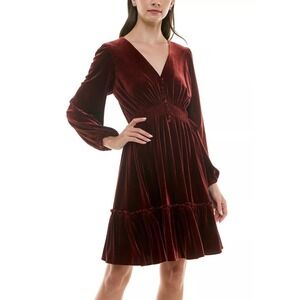 Taylor Smocked Waist Ruffle Hem Burgundy Velvet Mini Dress Sz 8 NWOT